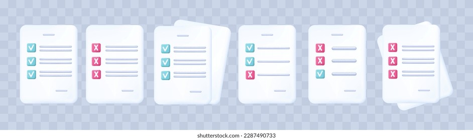 3d survey, paper page set. Form of a document or questionnaire with the result. Exam, сhecklist or quiz with checkbox accepted or rejected. Completed task, executed document or result voting. Vector.