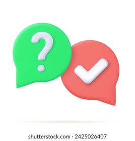 3d survey of the reaction of speech bubbles. Cancellation icons, confirmed signs of false rejection or clarification, question. 3d rendering. Vector illustration