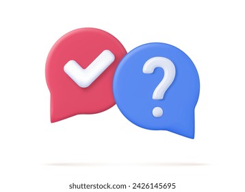 3d survey of the reaction of speech bubbles. Cancellation icons, confirmed signs of false rejection or clarification, question. 3d rendering. Vector illustration