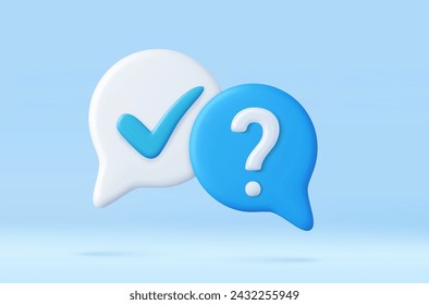 3d A survey of the reaction of speech bubbles. Cancellation icons, confirmed signs of false rejection or clarification, question. 3d rendering. Vector illustration