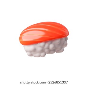 Icono de sushi 3D con salmón fresco y arroz sobre un fondo blanco. Gráficos de Vector de un tradicional rollo de mariscos. Perfecto para menús de cocina japonesa.