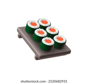 3d sushi with rice, salmon and nori sheet on a gray tray. Hearty food. Traditional Japanese cuisine. Raw seafood. Realistic. Render. Vector illustration isolated on a white background.