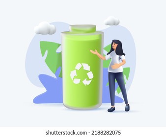 3D Sustainability Illustration With Battery. People Trying To Save Planet Earth With Eco Friendly Technologies. Solar Energy Panels, Windmills And Electric Car Battery. 3D Render Vector Illustration.