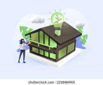 3D Sustainability Illustration Set. Characters Reduce Energy Consumption At Home, Unplug Appliances Use Energy Saving Light Bulb. 3D Render Green Electricity And Power Save Concept. Render Vector