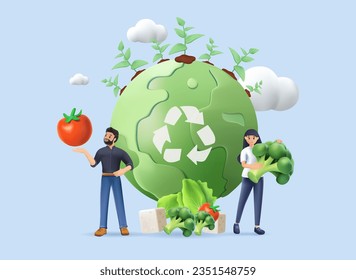 Juego de estilos de vida sostenibles 3D. Gente recolectando basura plástica en reciclando basureros, tratando de salvar el planeta tierra y siguiendo la dieta vegetariana. Ilustración vectorial de dibujos animados 3D y conjunto de iconos