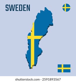 3D Sweden map with flag, Three dimensional map of Sweden with shadow