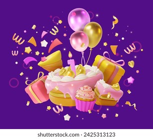 3d Sweet Birthday Party Concept Background Cartoon Style. Vector illustration of Cake with Candle and Confetti Popper Serpentine