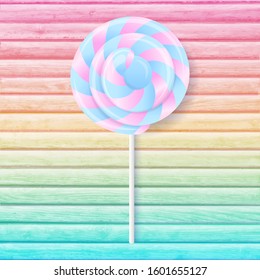 3d sweet candy on color wooden realistic background.