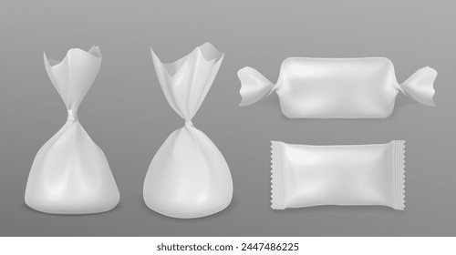 3d sweet chocolate candy plastic wrapper mockup. Blank white realistic isolated bar and caramel wrap icon. Twist foil sachet or jelly snack product bag mock up graphic for merchandise illustration.