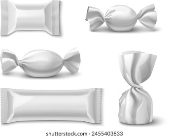 3d sweet chocolate candy wrapper package mockup. Blank white realistic twist pack wrap for bar, bonbon, biscuit or caramel confectionery merchandise design set. Foil paper sugar snack bag illustration