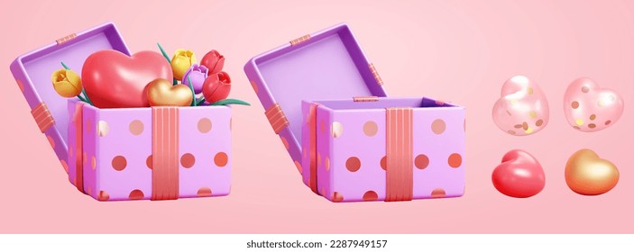 3D sweet holiday gift set isolated on pink background. Including purple gift box filled with tulips and heart balloons, empty open box, and small heart shape balloons.