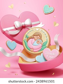 3D Sweet icing cookies in heart shape box on pink background. Happy Mothers Day poster.