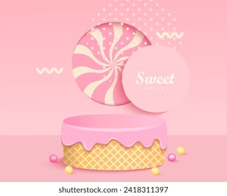 3D sweet podium,waffle stage covered fluid cream and round window shape with big candy lollypop.Design for sweet product display, promotion for kids,baby,girl products.Pastel pink minimal scene.Vector