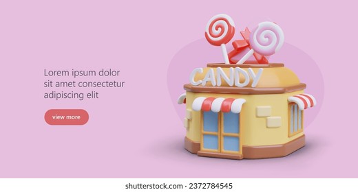 Tienda de dulces en 3D con copas en el techo. Edificio colorido al estilo de las caricaturas positivas. Publicidad de la tienda de dulces en línea. Plantilla de botón Vínculo. Concepto de redes sociales