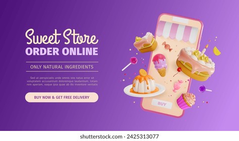 3d Sweet Store Pide Online Ads Banner Concept Poster Card Smartphone con Cupcake Flotante, Dulces, Helado y Pastel. Ilustración de vector