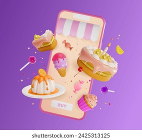 3d Sweet Store Order Online Concept Background Cartoon Style Smartphone with Floating Cupcake, Candy, Ice Cream and Cake. Vector illustration