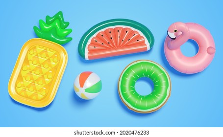 3d swim collection of pool floats, including a beach ball, fruit shape lilo beds, and swimming rings. Summer party elements viewed from above, isolated on blue background.