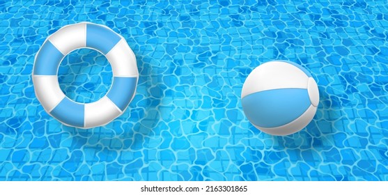 3D Swim ring and swim ball on the blue water background. Top view summer time symbol on ocean, sea, pool background. Vector illustration.