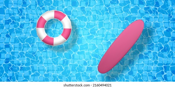 3D Swim ring and surf board on the blue water background. Top view summer time symbol on ocean, sea, pool background. Vector illustration.