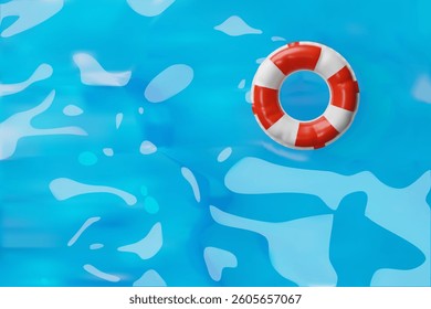 3d swimming pool poster with inflatable ring. Three-dimensional vector summer illustration. Water vacation background. Banner with beach party. Poolside on the resort hotel. Spa relaxation and leisure