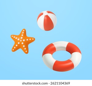 3d natação anel bola e estrela-do-mar. férias de verão e conceito de férias. renderização 3d. Ilustração vetorial