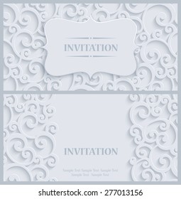 3d Swirl Background with Floral Damask Curl Pattern for Greeting or Invitation Card Design in Paper Cut Style. Vector White Vintage Template