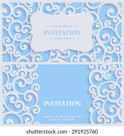 3d Swirl Background with Floral Damask Curl Pattern for Greeting or Invitation Card Design in Paper Cut Style. Vector Blue Vintage Template