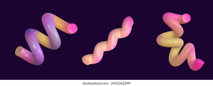 3d swirl spiral liquid rainbow color. Set different round spiral 3d vector render. Colorful gradient vibrant shape