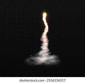 3d swirling fire trail of a rocket with thick smoke isolated on a transparent dark background. Dynamic movement. White fog. Launching an airplane, jet or spaceship. Realistic. Vector illustration.