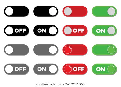 3D Switch toggle buttons. ON and OFF vector icons set in flat style. App interface slider
