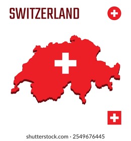 3D Schweiz Karte mit Flagge, Dreidimensionale Karte der Schweiz mit Schatten