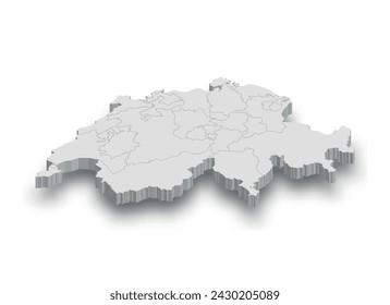 3d Switzerland white map with regions isolated on white background