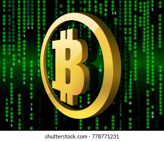 3D symbol of bitcoin with dark green background in the matrix