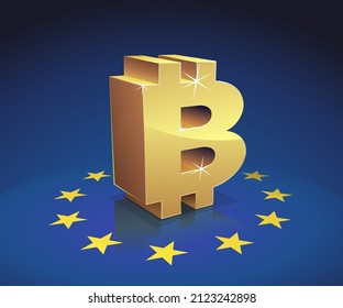 3D symbol of bitcoin in gold in the middle of the circle of stars of the flag of the European Union on a blue background