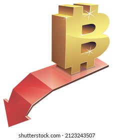 Símbolo 3D de bitcoin en oro colocado sobre una flecha roja descendente (tachado)