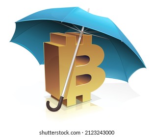 3D symbol of bitcoin in gold protected under a blue umbrella isolated on a white background