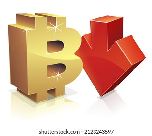 Símbolo 3D de la criptodivisa bitcoin en oro aislado con una flecha roja apuntando hacia abajo que indica una disminución en el fondo blanco