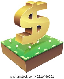 3D symbol of the dollar in gold placed on a piece of meadow with flowers surrounded by dotted lines symbolizing the price of cultivable land (cut out)