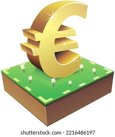 3D symbol of the euro in gold placed on a piece of meadow with flowers surrounded by dotted lines symbolizing the price of arable land (cut out)