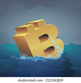 3D symbol of golden bitcoin about to sink in a storm in the middle of the raging sea