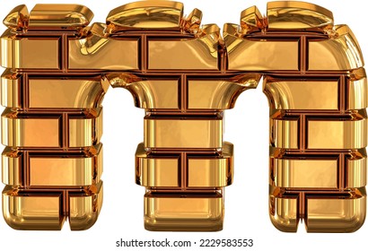 El símbolo 3d hecho de ladrillos dorados. letra m