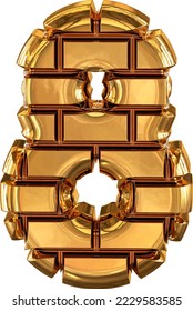 El símbolo 3d hecho de ladrillos dorados. número 8