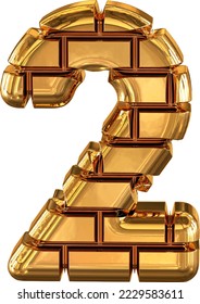 El símbolo 3d hecho de ladrillos dorados. número 2