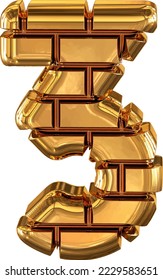 The 3d symbol made of gold bricks. number 3