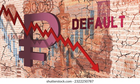 3d symbol of the Russian ruble and a falling red graphic arrow with a shadow on the background of a large number of numbers and a pixelated banknote of 5000 rubles. The default of the economy.