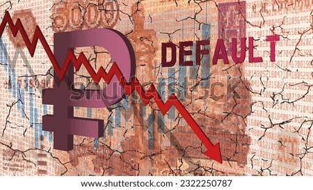 3d symbol of the Russian ruble and a falling red graphic arrow with a shadow on the background of a large number of numbers and a pixelated banknote of 5000 rubles. The default of the economy.