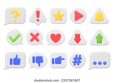 3D symbols and signs on white speech bubbles and shapes. Like, heart, question mark, star, play button, arrows. Icons for web design, mobile apps, social media. 3D vector elements isolated on white.