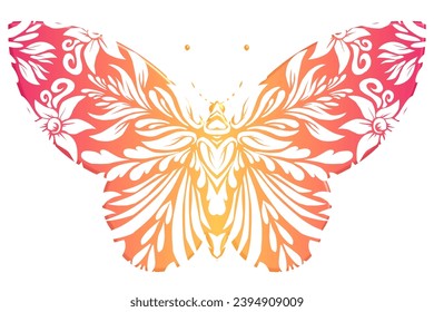 3D The symmetrical butterfly vector design with dynamic gradient batik dayak flower line art in a luxurious pattern colour