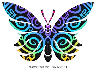 3D The symmetrical butterfly vector design with dynamic gradient batik dayak flower line art in a luxurious pattern colour