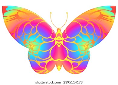 3D The symmetrical butterfly vector design with dynamic gradient batik dayak flower line art in a luxurious pattern colour